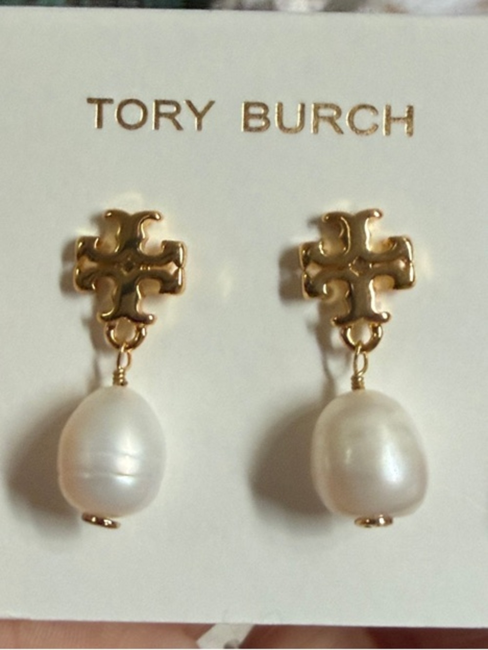 Tory Burch Gold Logo Drop Earrings with White Pearl Dangles